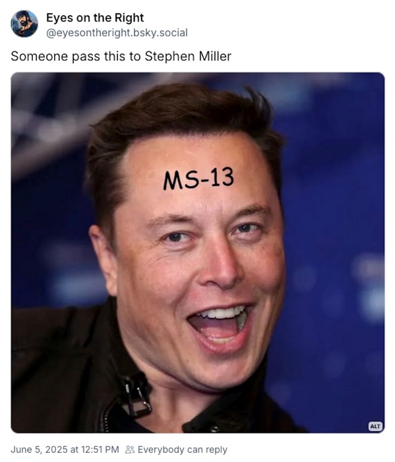 Elon Musk with an MS-13 tattoo crudely photoshopped